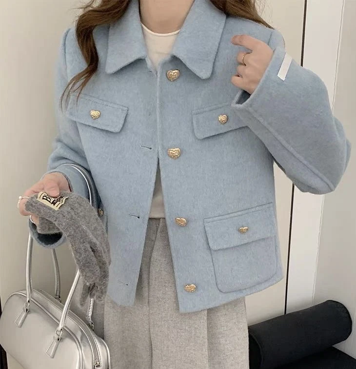 8858爱心扣贴袋小短款翻领短款纯色小香风常规毛呢外套通勤风百搭