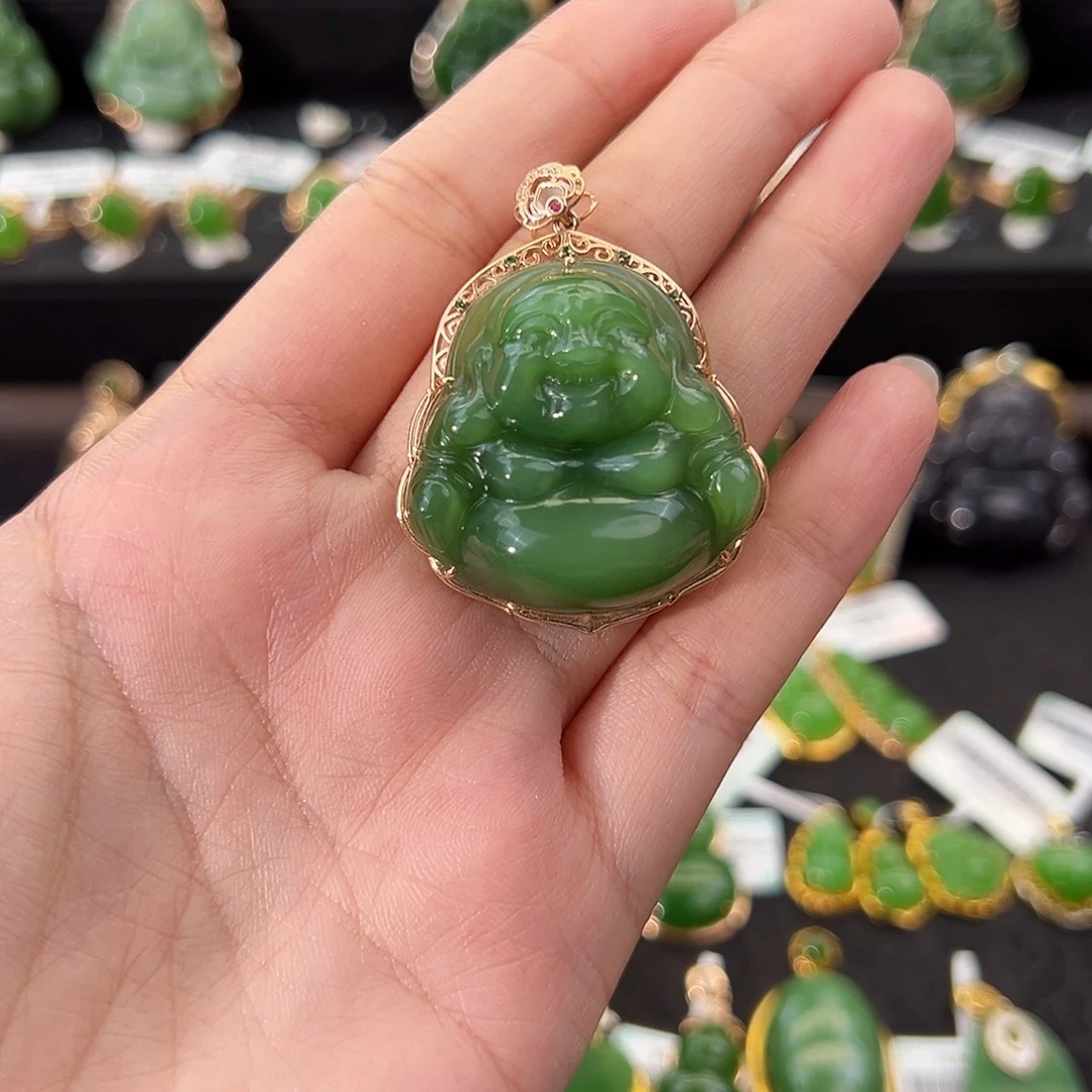 和田玉18K金镶嵌吊坠(不含链)阳绿佛公31mm