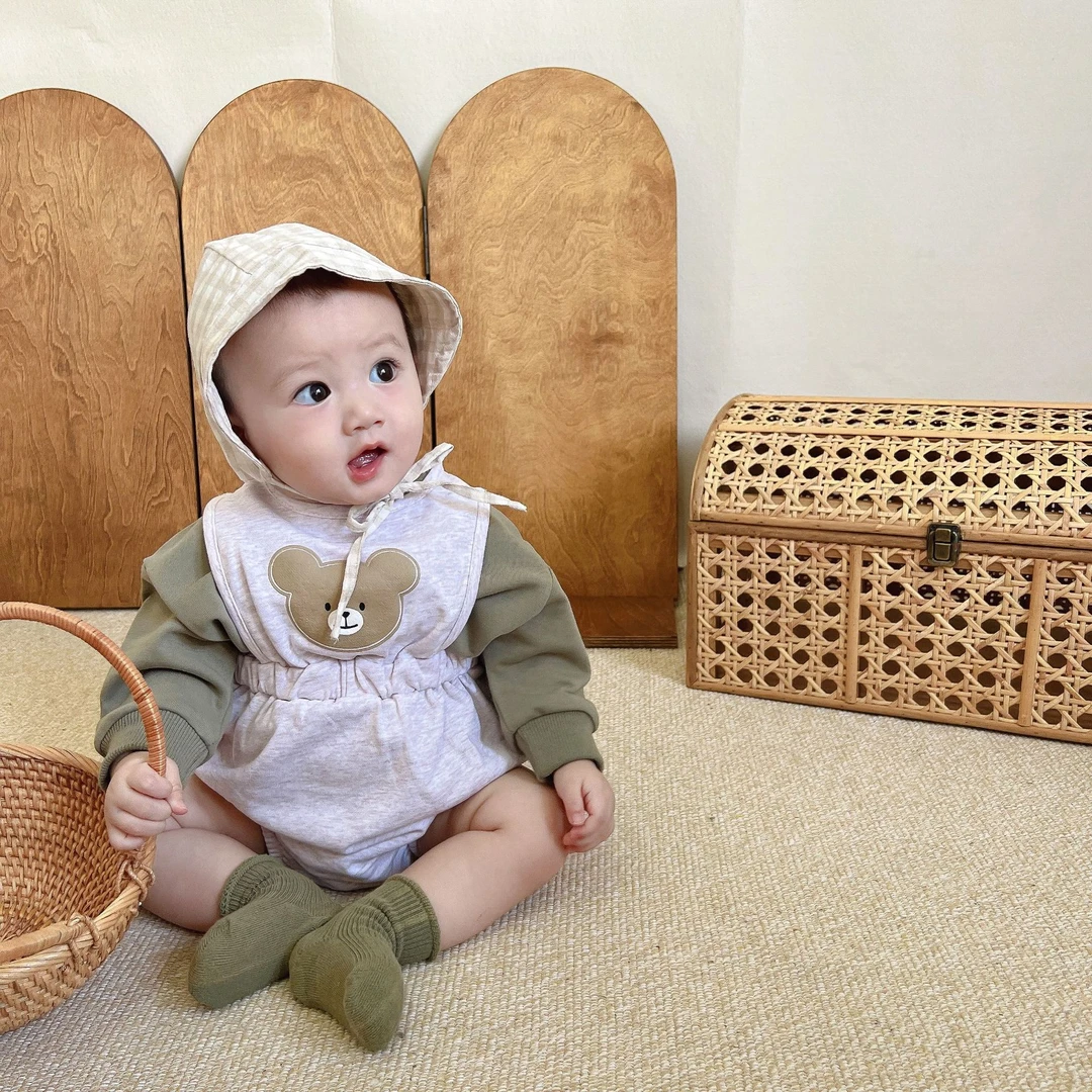 6830秋季新款男女宝小熊背带哈衣两件套婴幼儿长袖包屁衣套装