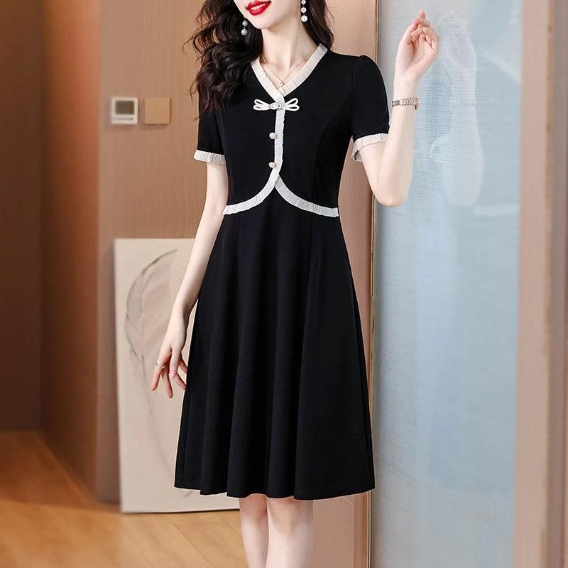 法芬图爆款连衣裙子女士装2025年夏季新款假两件显瘦中式气质短袖