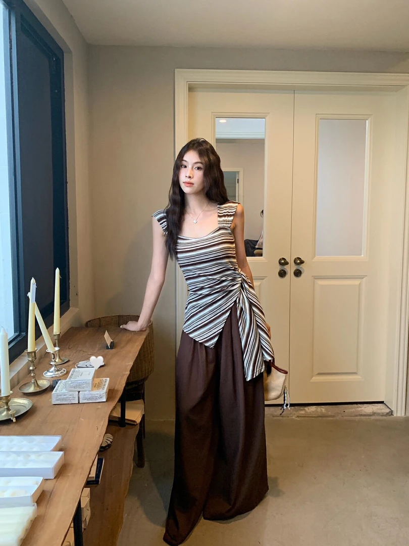 老钱风时尚套装高级感气质条纹吊带背心女装夏季裤子休闲裤两件套