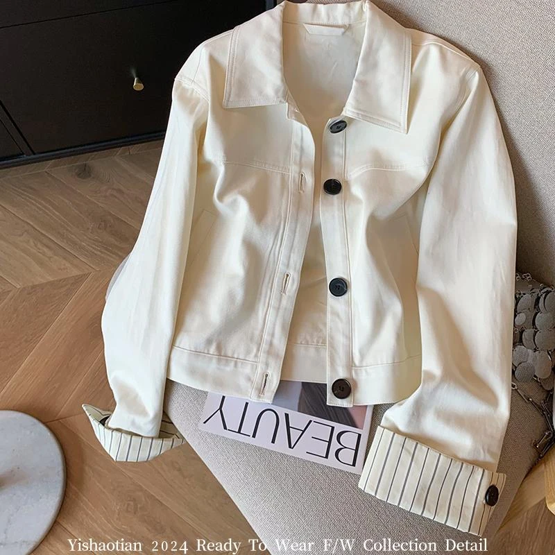 白色拼接条纹袖牛仔外套女2025秋季新款时尚宽松气质翻领短款夹克