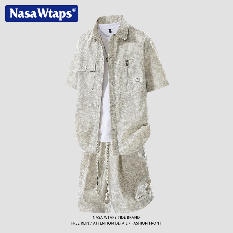 NASA WTAPS大码潮牌男装新款复古做旧短袖衬衫休闲短裤套装两件套
