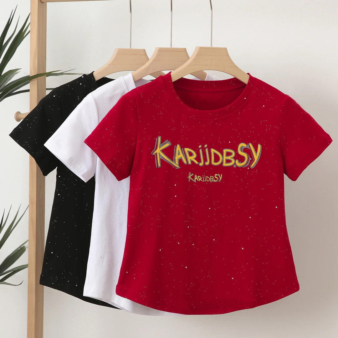 夏季新款广场舞字母印花银闪T恤短袖休闲时尚修身显瘦百搭上衣