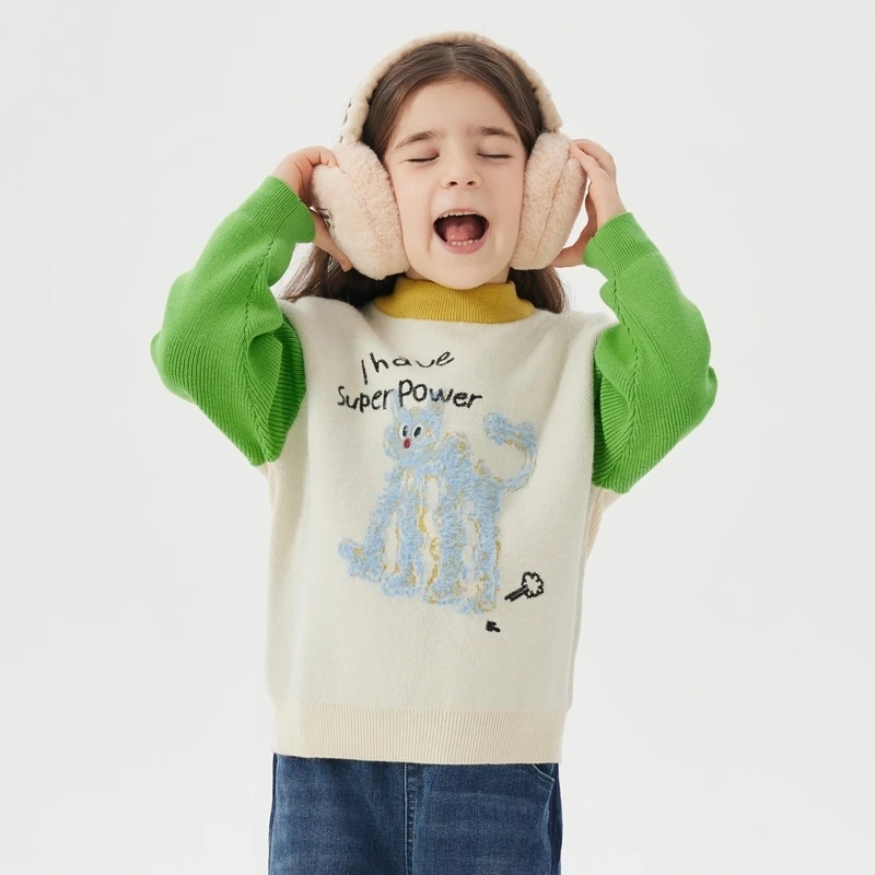 马拉丁童装儿童毛衣冬装女童大童拼色绒感立体图案圆领毛衣