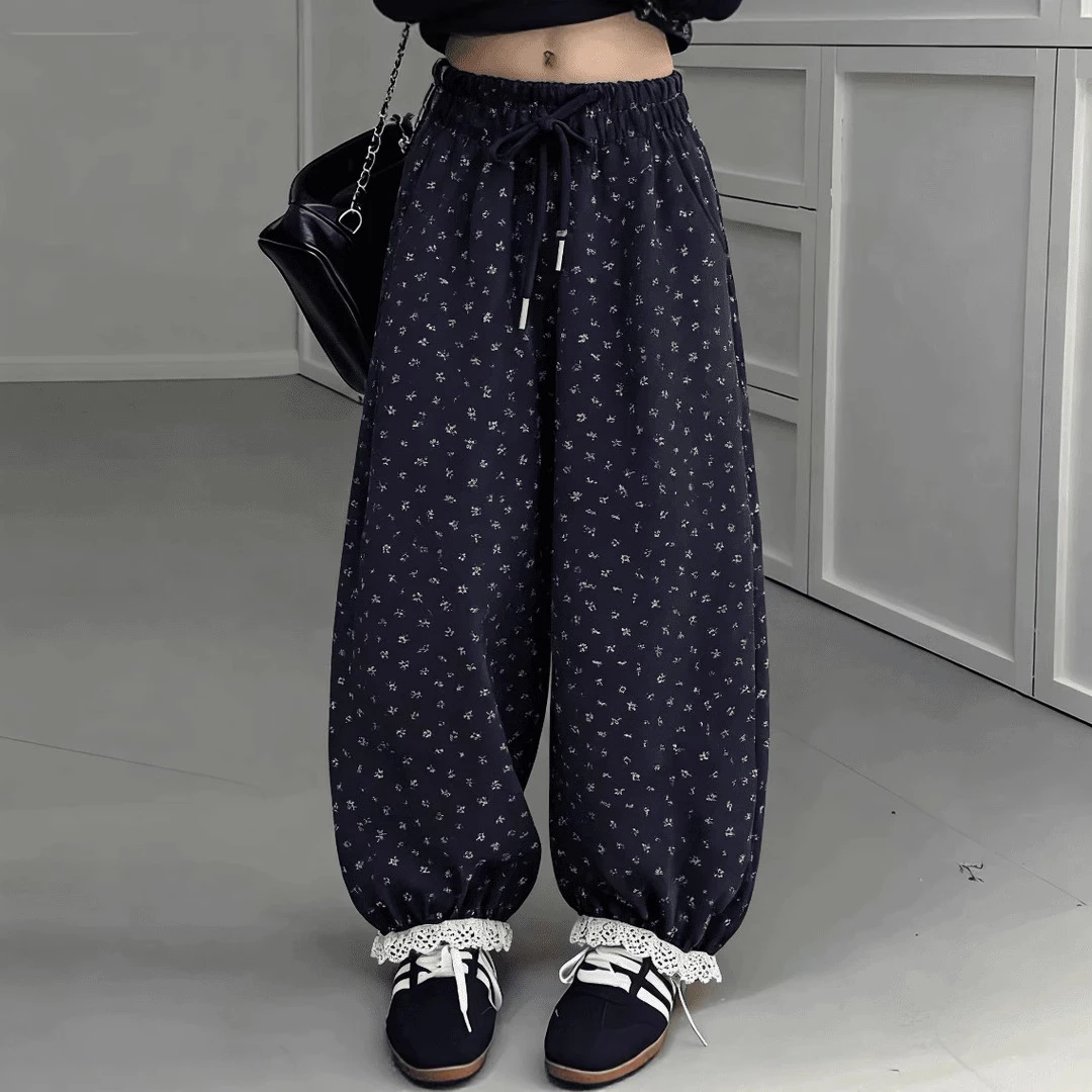 男女童秋冬季加绒加厚小碎花版松腰中大童休闲束脚高级感韩版长裤