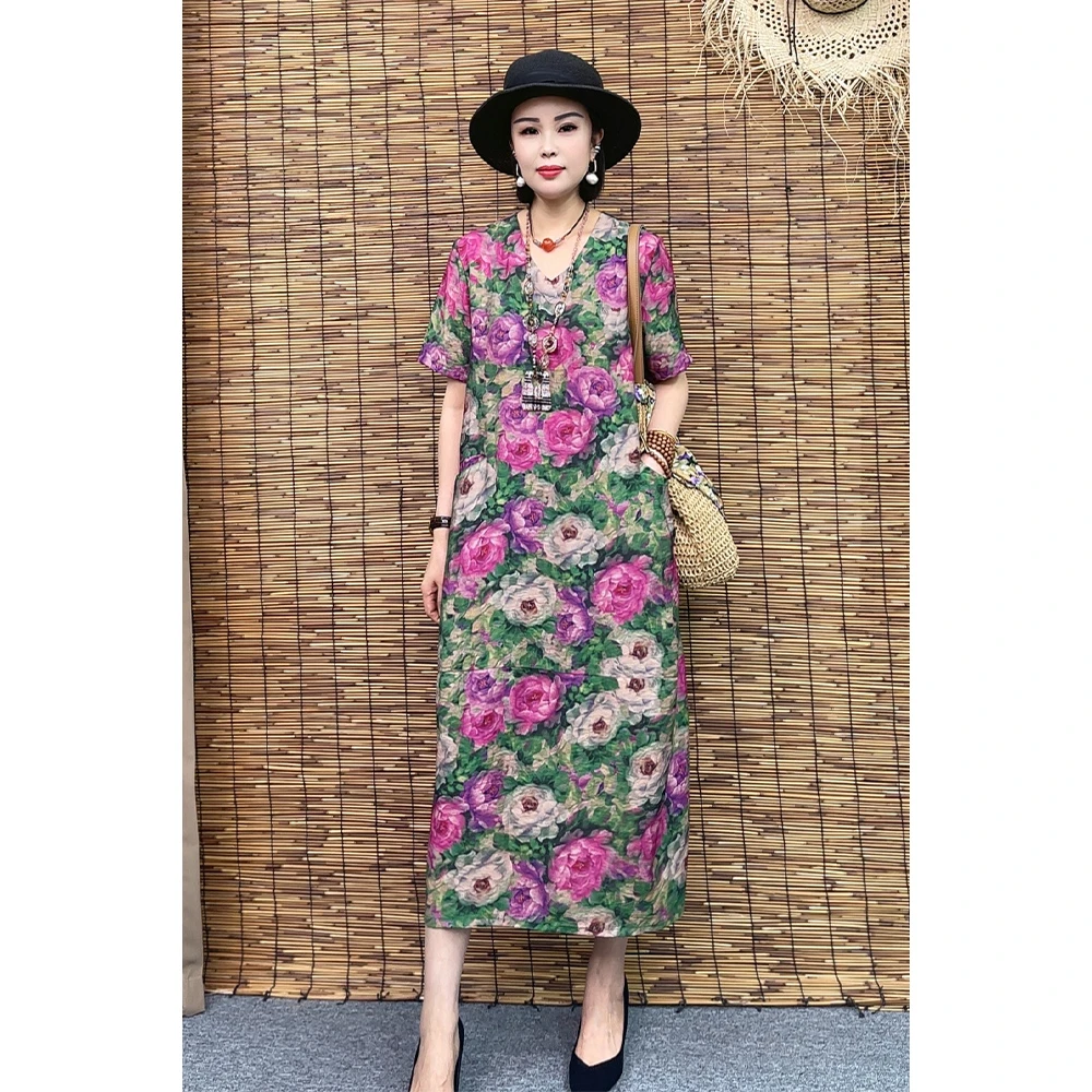 2025年夏季时尚气质显瘦遮肉长裙优雅中长款宽松大码连衣裙625