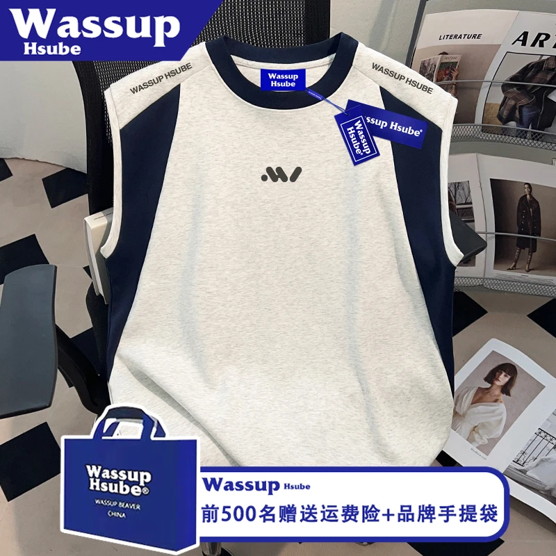 WASSUP HSUBE国潮潮牌纯棉T恤男女ins夏简约字母印花背心无袖上衣