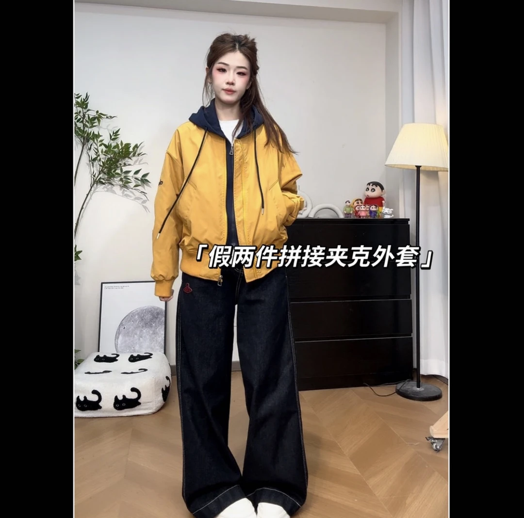 7789美式刺绣字母假两件夹克短外套