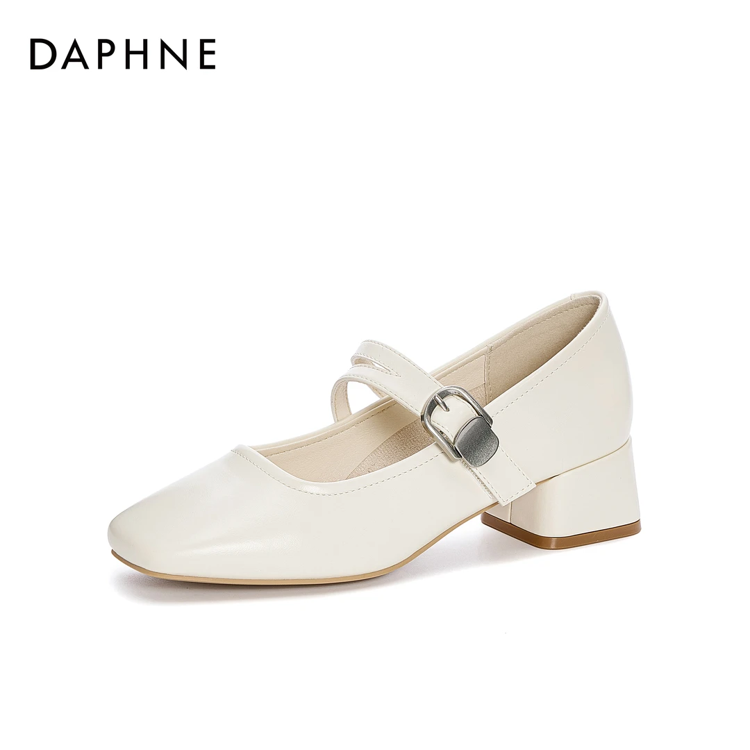 Daphne/达芙妮时尚一字扣玛丽珍鞋女方头浅口单鞋百搭粗跟高跟鞋