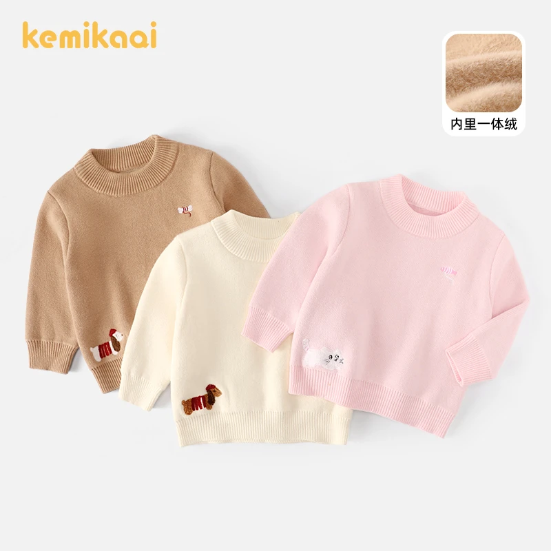 可米卡奇秋冬季新款儿童毛衣中小男女童绣花卡通一体绒毛衣4863