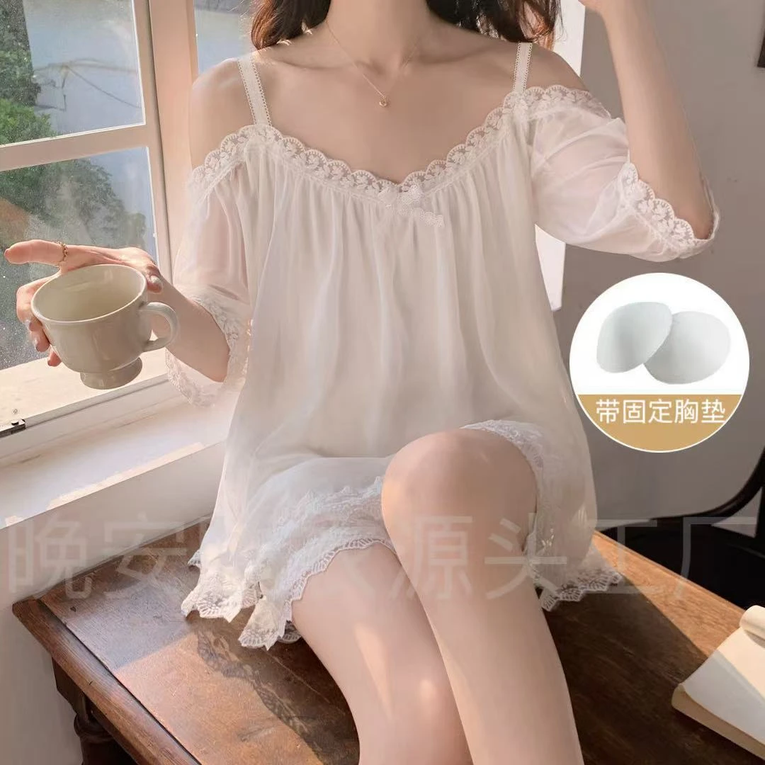 一字肩带胸垫网纱睡衣套装夏季薄款网红女士纯欲公主风秋季宫廷风