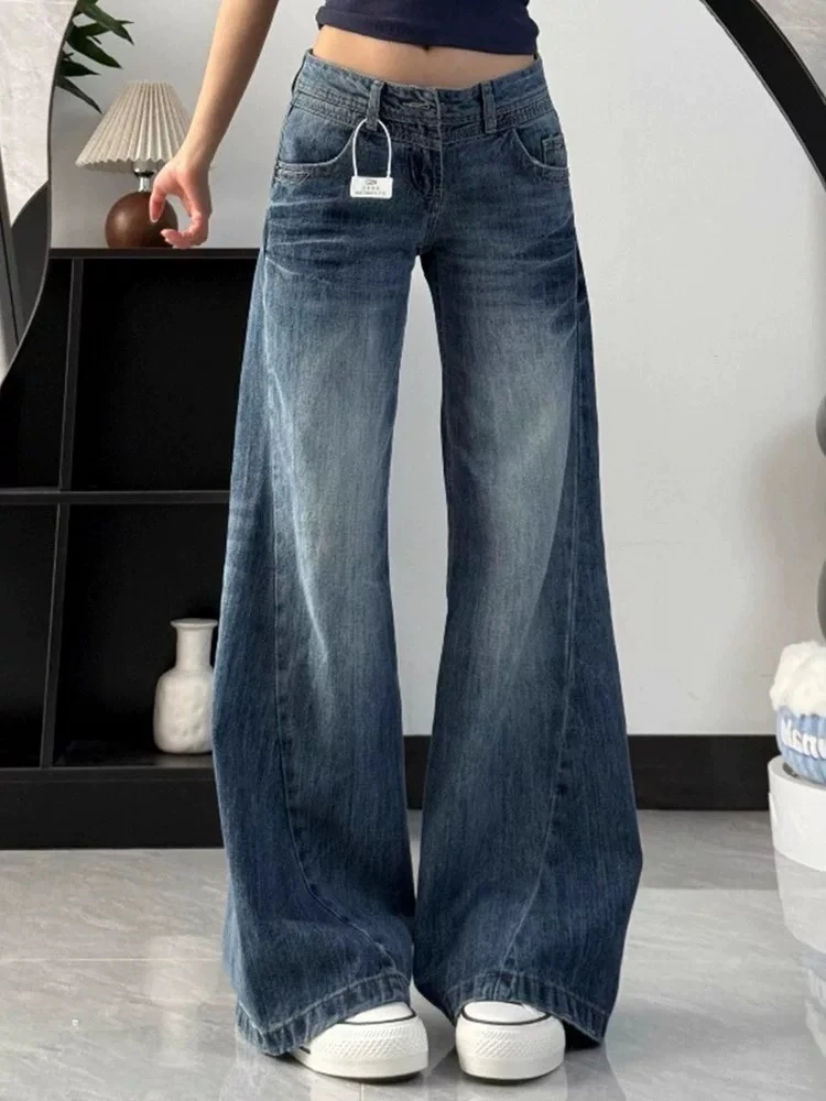 微胖复古折痕磨白牛仔裤女秋冬大码胖mm中高腰宽松显瘦辣妹裤子