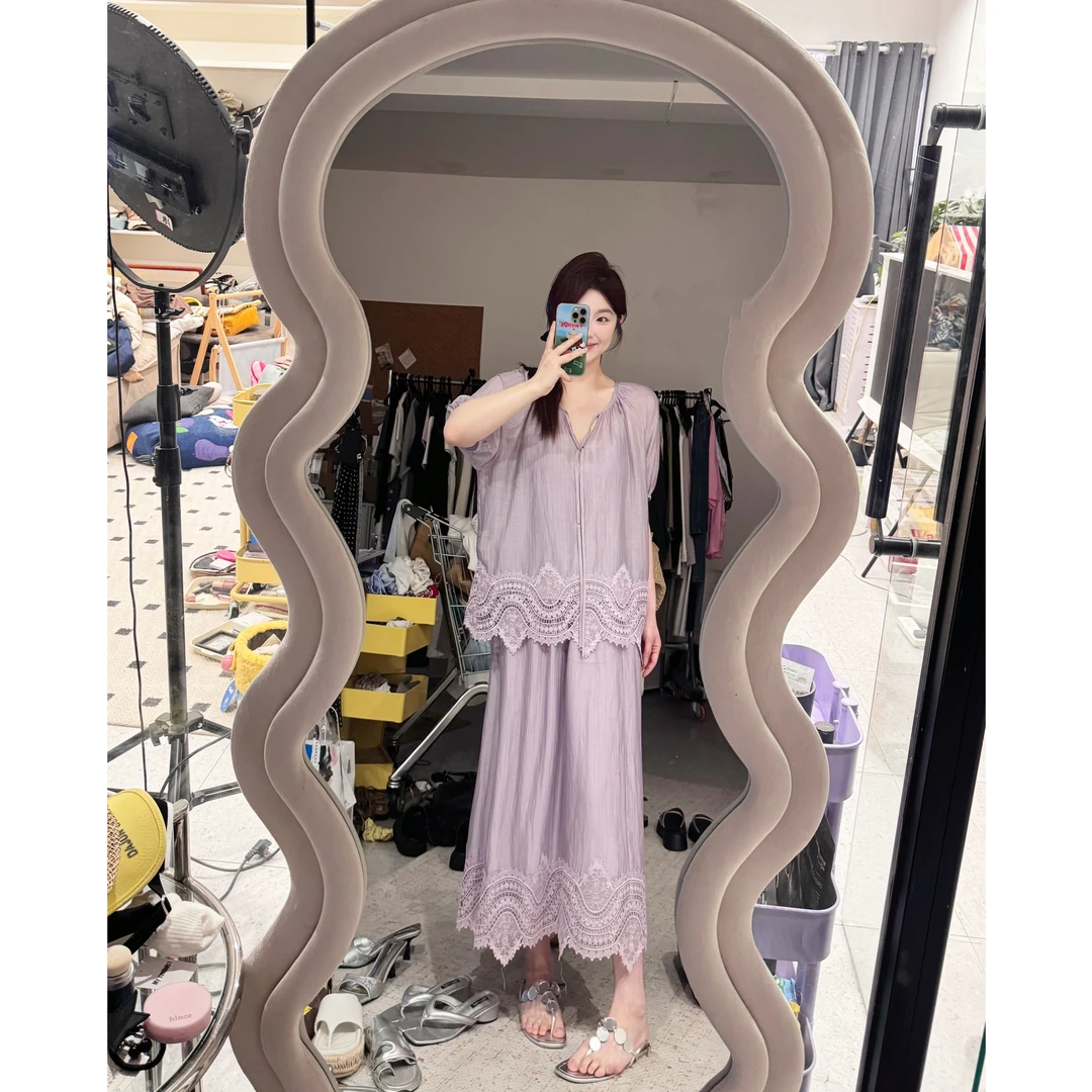 晶咕【紫香玉】下摆不规则蕾丝边短袖上衣+全松紧高腰A字半身裙