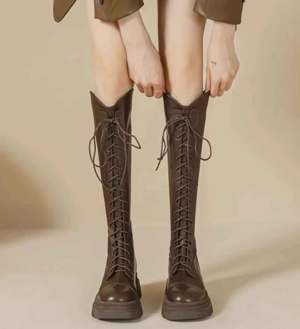x626-26长筒靴女骑士靴秋冬系带厚底女鞋高筒瘦瘦靴不过膝长靴