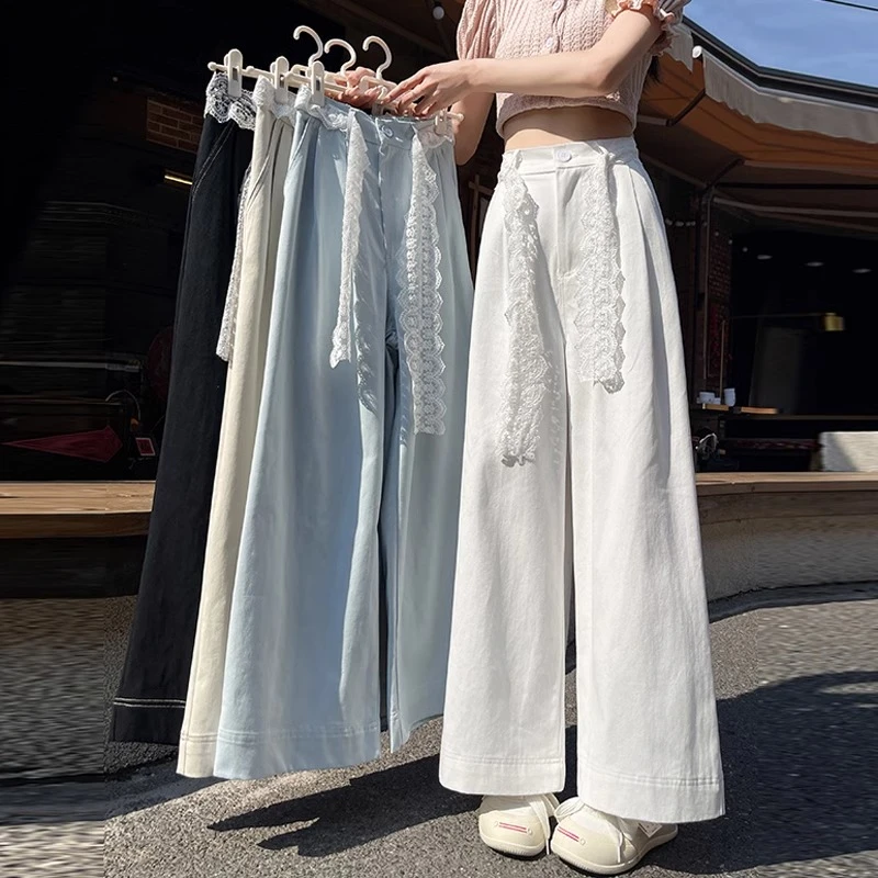 复古洗水棉阔腿裤女夏薄款小个子松紧高腰显瘦宽松休闲九分直筒裤