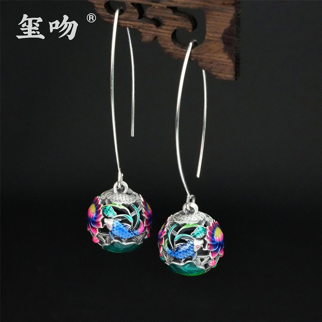 足银耳饰 【玺吻】足银999.9 鱼戏莲 民族风景泰蓝有求必应绣球耳坠