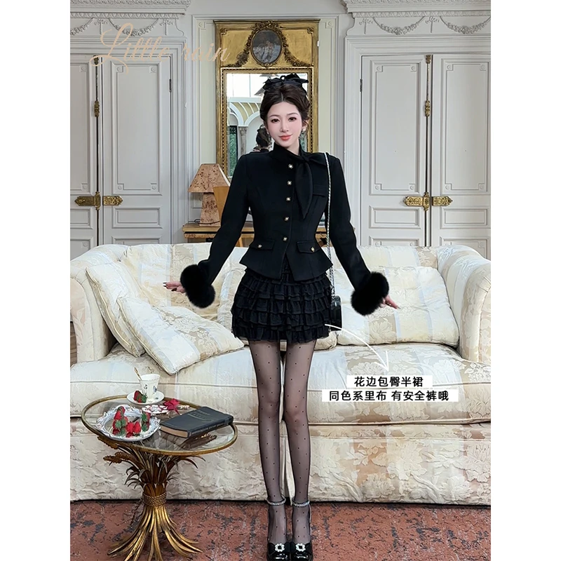 小雨姐姐【赤热多瑙】休闲时尚百褶重叠花边包臀半身短裙女冬季新款