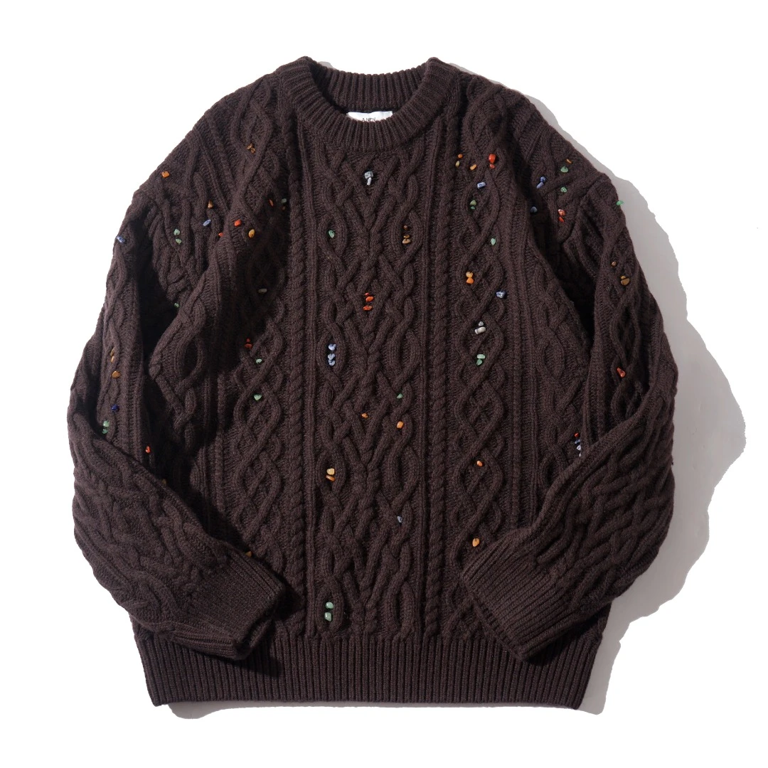 《星辰大海》手工缝制玉石 复古麻花纹宽松休闲圆领毛衣 6429