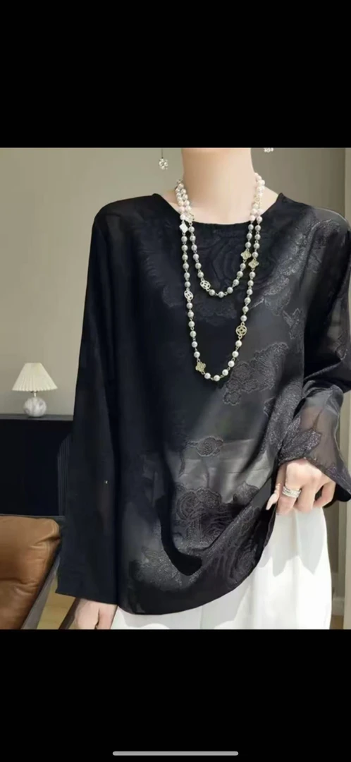 圆领网红长袖上衣宽松夏季蕾丝纯色常规款雪纺衫早秋印花