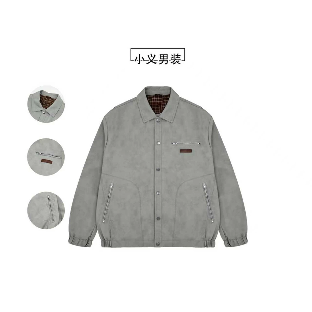 25813 秋季新款男士纯色直下摆常规款金属皮衣时尚冰川灰秋装