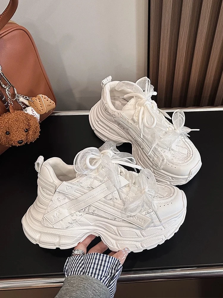 8180-10仙女风厚底6cm老爹鞋女蕾丝网面小个子休闲增高白色运动鞋