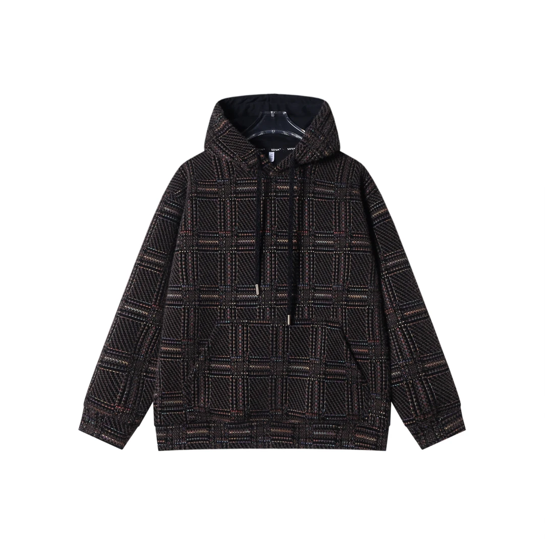 SDSA男士秋冬新款痞帅男装简约绒毛格子抽绳连帽卫衣百搭时尚上衣