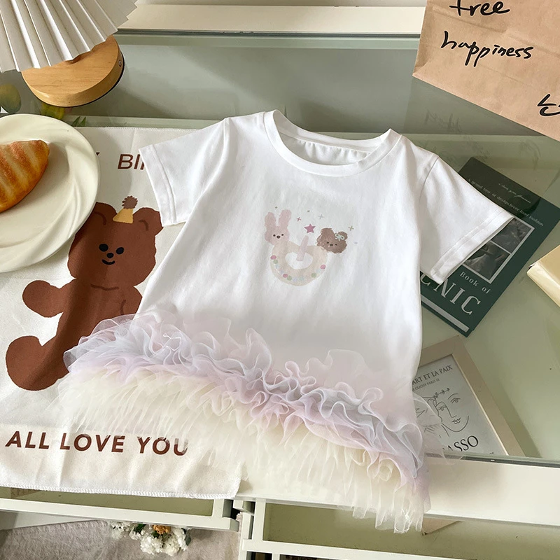 XQ259208女童拼纱T恤裙2025夏季新款卡通小熊洋气彩色网纱短袖潮