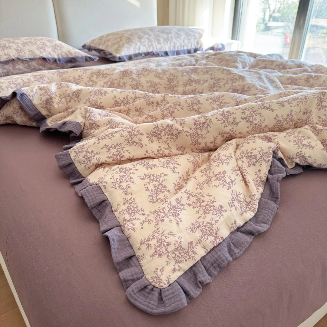 A类母婴级全棉双层纱床上四件套公主风小碎花纯棉被套床单三件套