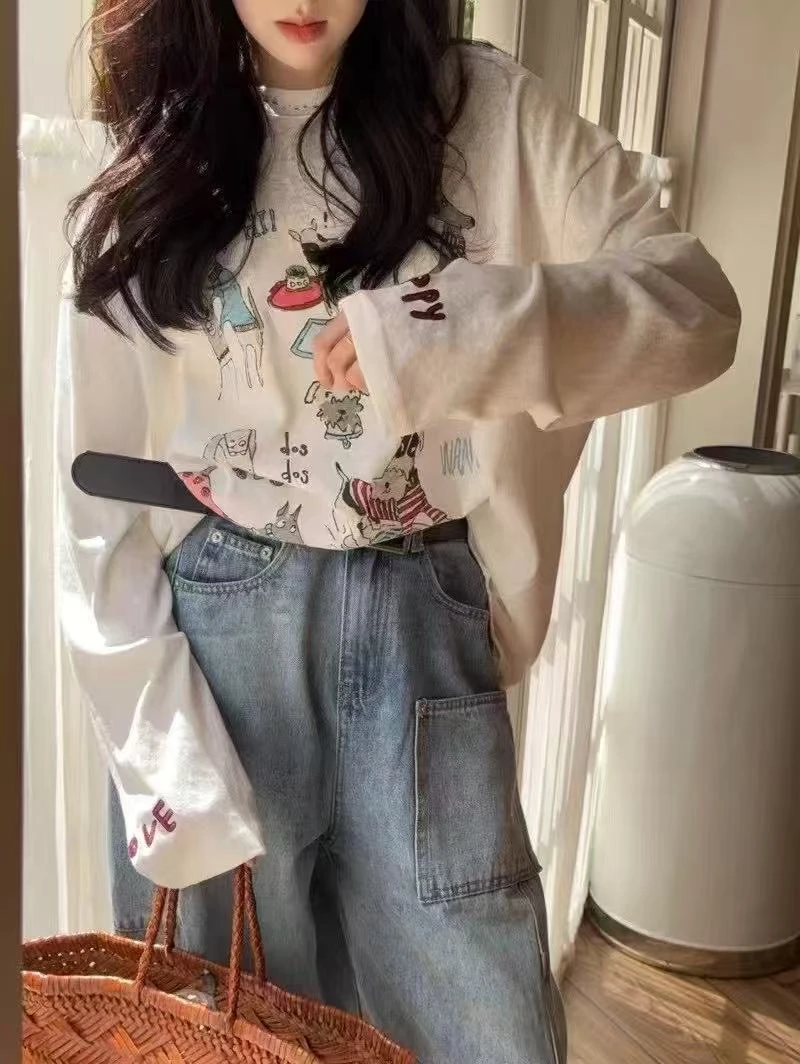 欧货趣味狗狗印花字母T恤2025休闲减龄破洞针织圆领长袖T恤衫