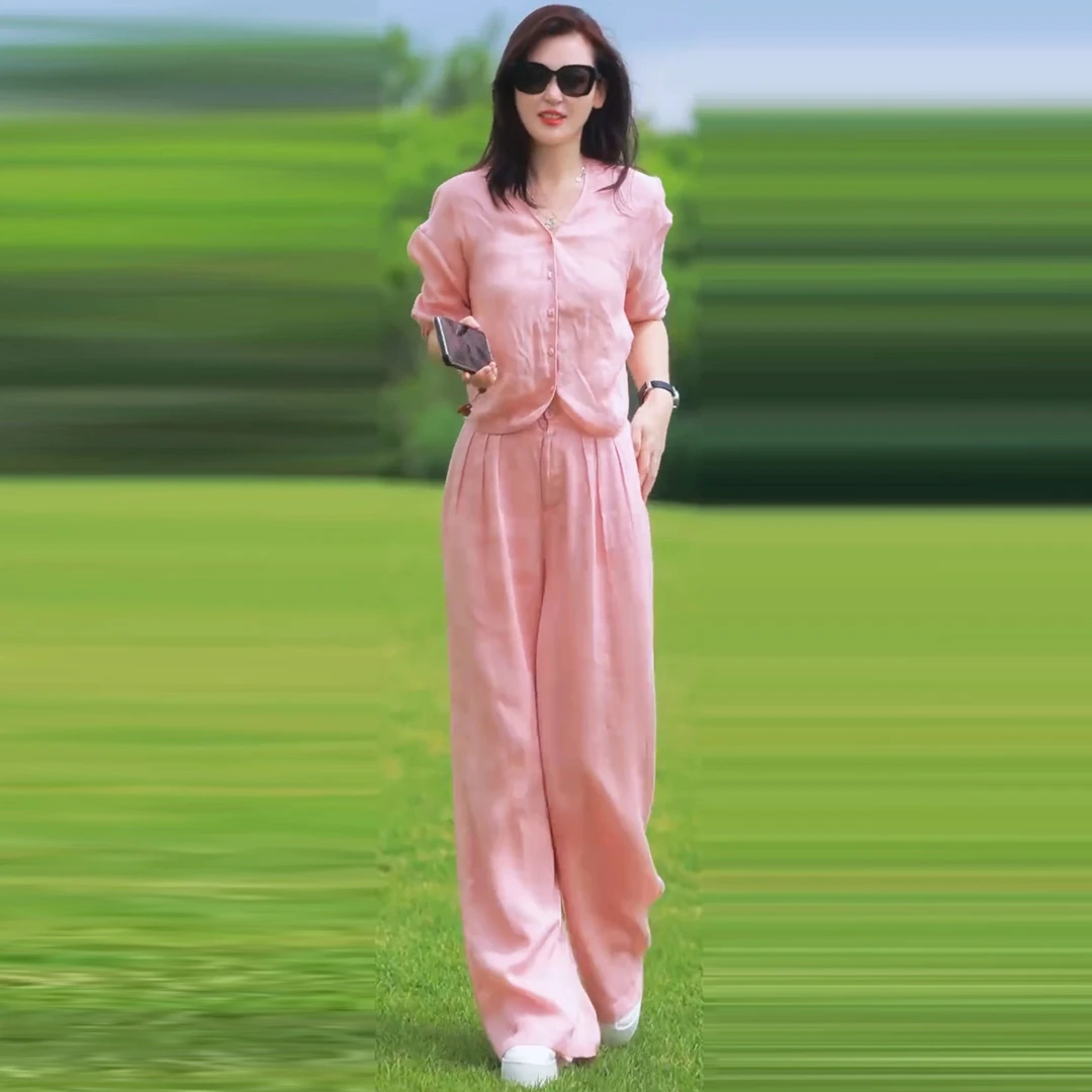 粉色时尚苎麻套装女夏2025新款V领设计感上衣阔腿裤休闲两件套潮
