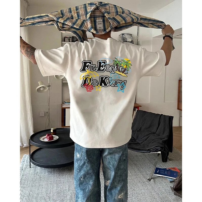 美式椰树字母印花短袖t恤男夏季宽松百搭透气纯棉打底内搭上衣女