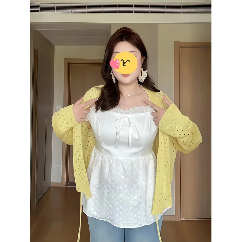 大码胖MM纯欲风显瘦蝴蝶结白色吊带背心连衣裙小众针织开衫套装女