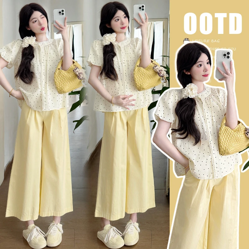孕妇套装夏装套装韩版甜美可爱波点孕妇上衣+奶黄孕妇阔腿裤