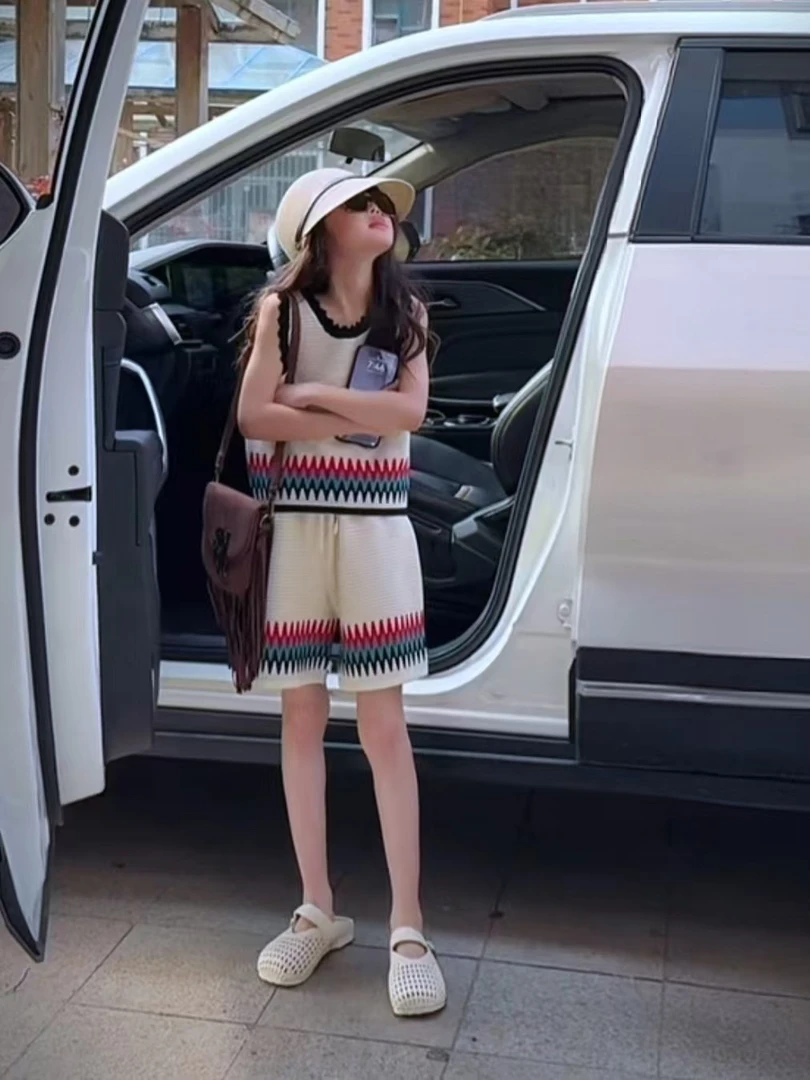 女童撞色提花U领花边冰丝针织背心+高腰短裤度假风两件套夏季套装