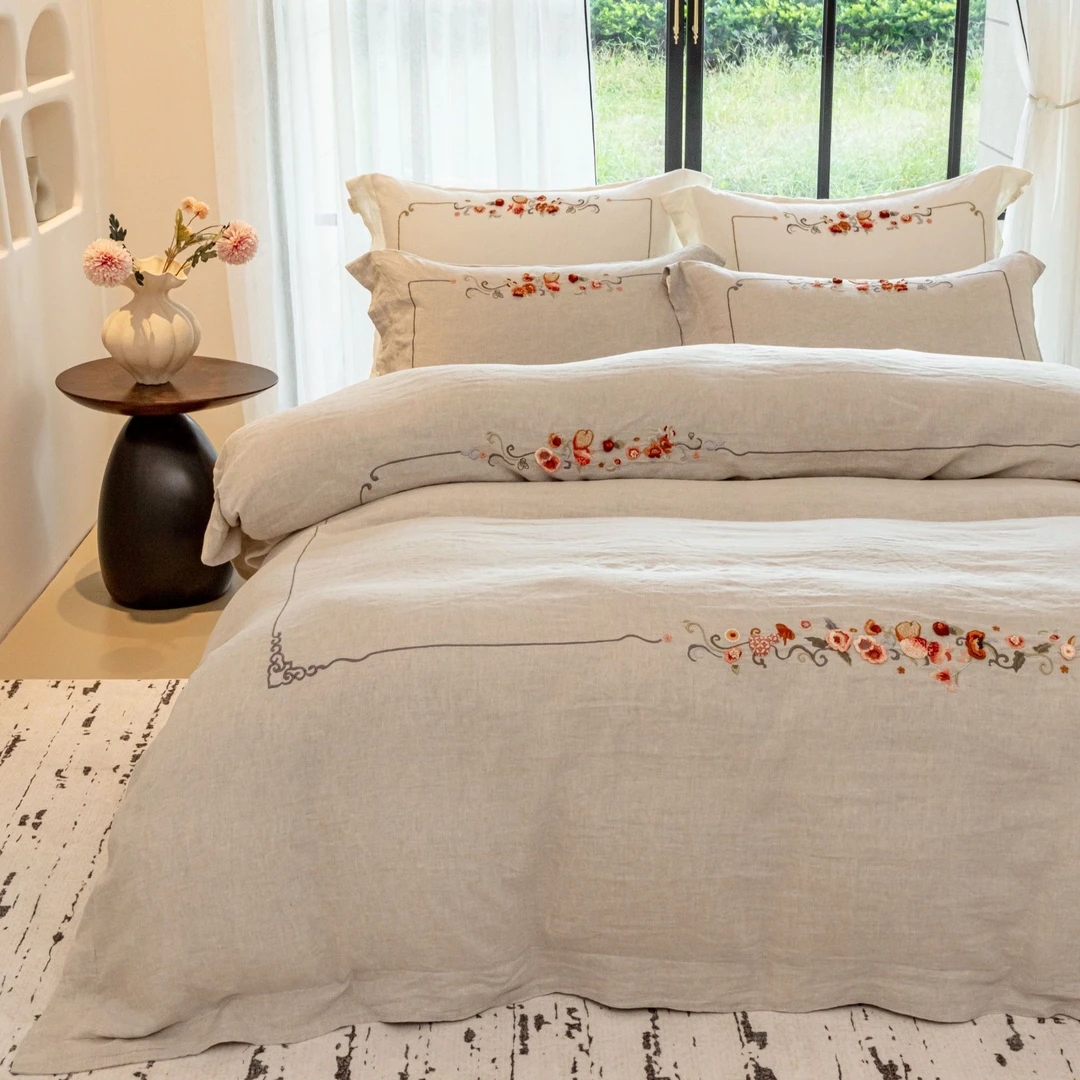 【一路生花】纯麻料汉麻亚麻手工绣高克重纯麻床品四件套