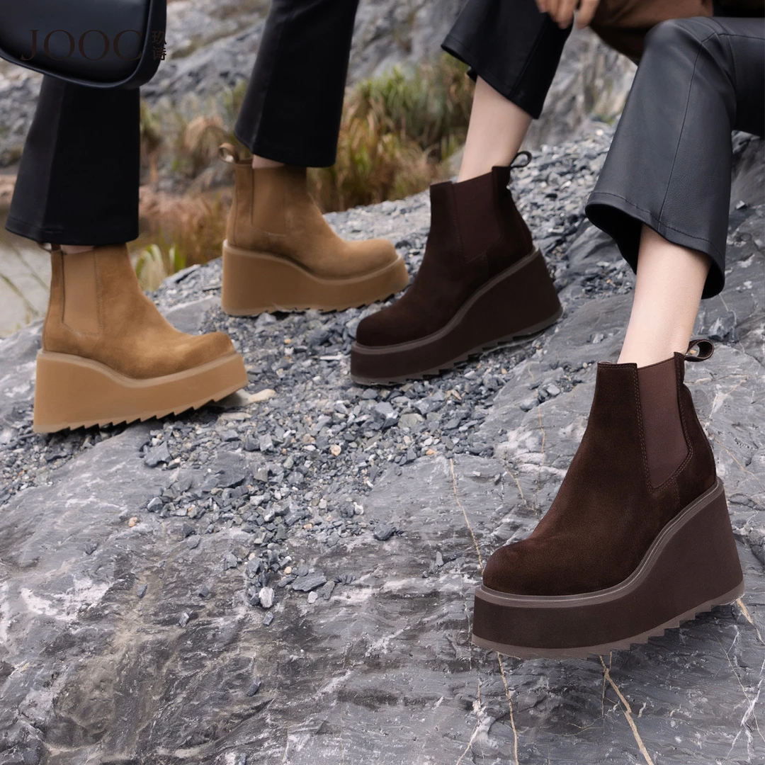 【自然游牧】JOOC玖诗磨砂真皮烟筒靴女秋冬新款厚底切尔西靴