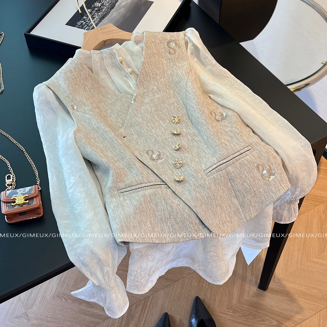 法式优雅复古柔美浪漫上衣两件套女装新款初秋小香风马甲叠穿衬衫