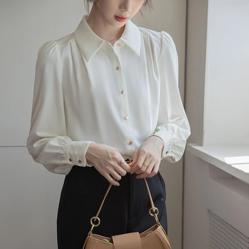 早秋新款女装气质白衬衫长袖上衣缎面通勤职场轻熟风女士面试衬衫