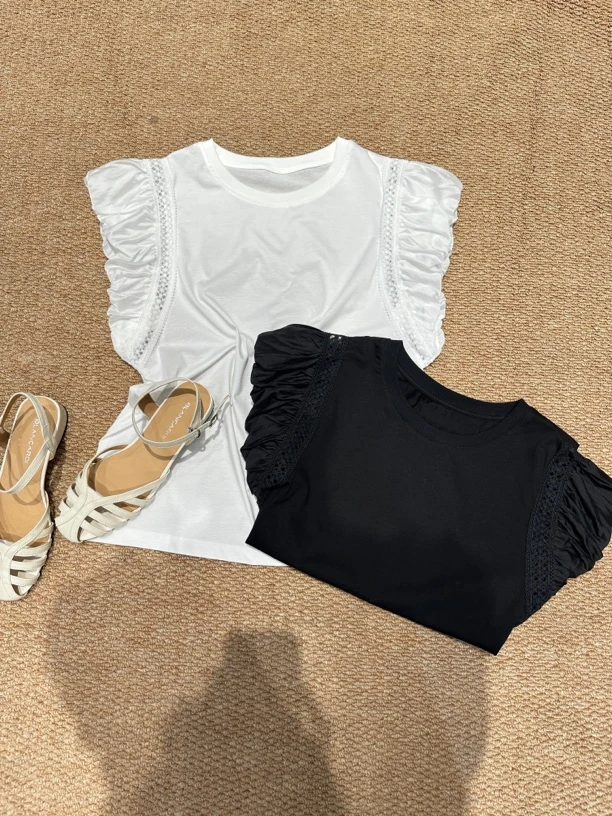 韩货飞飞袖时尚百搭拼接千金风韩版露肩蕾丝镂空韩系夏季洋气880