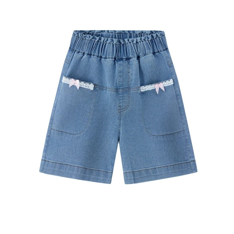MQD童装女童25夏季甜美蝴蝶结薄款柔软透气牛仔短裤BD25221405