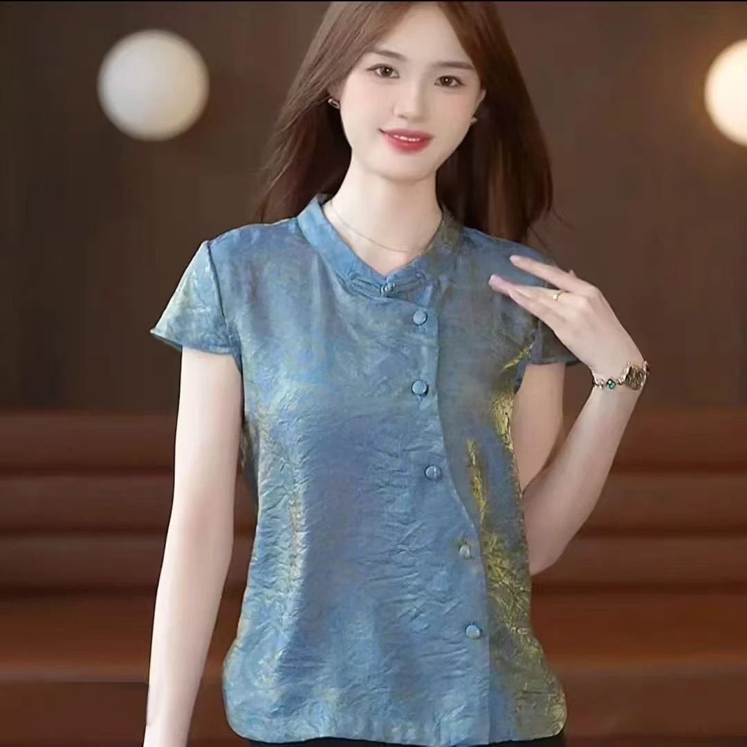 时尚中国风短袖衬衫女士夏装新款洋气百搭衬衣显瘦遮肚子夏季上衣