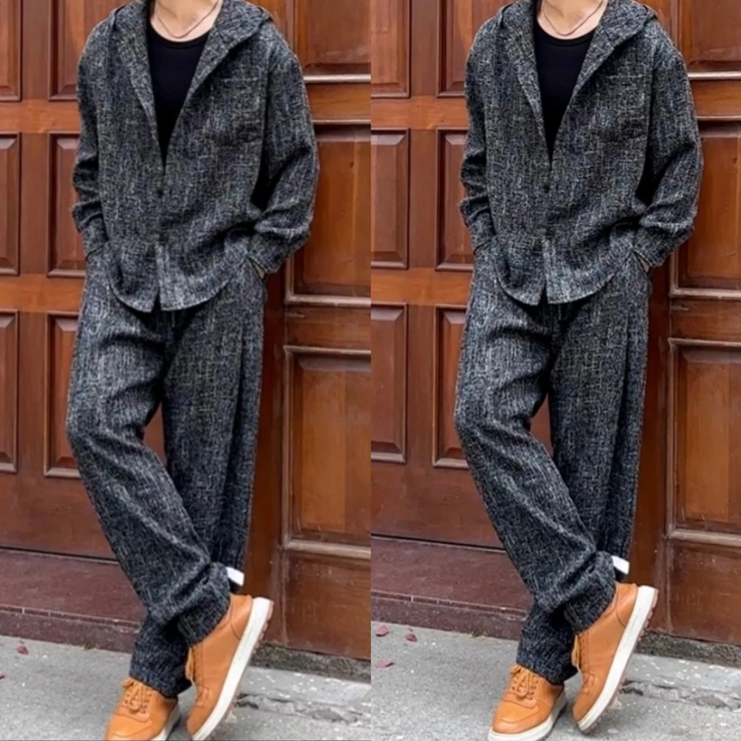 2025H·K春季新款男士潮牌时尚简约港风拼接百搭休闲连帽潮流套装