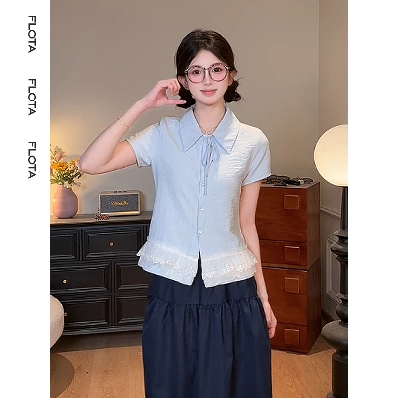 【flota】甜美学院风蝴蝶结绑带衬衫女显瘦蕾丝拼接衬衣上衣2094