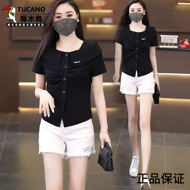 啄木鸟黑色短袖T恤女夏2025新款爆款一字肩小众独特别致显瘦气质