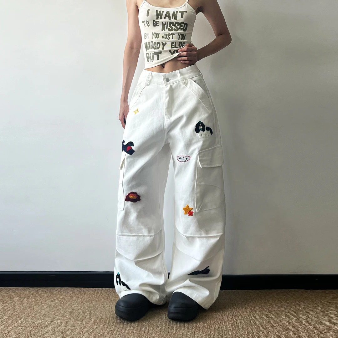 无无厘头美式小狗星星刺绣褶皱多口袋工装裤女宽松显瘦阔腿休闲裤
