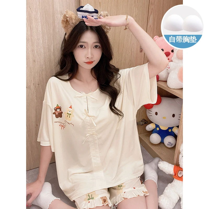 带胸垫睡衣女夏季薄款冰丝螺纹休闲短袖套装学生可外穿家居服夏天