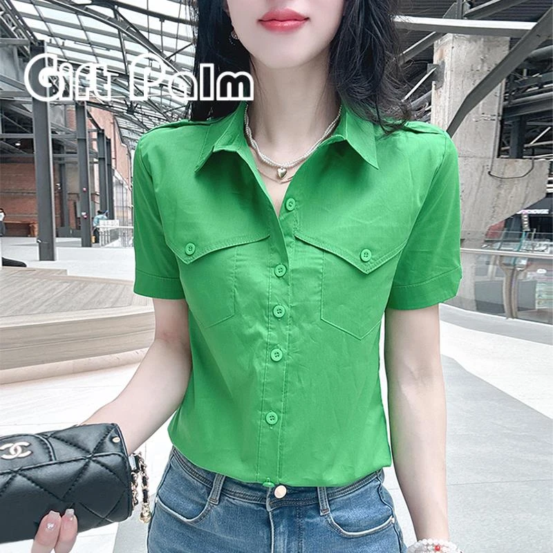 GiftPalm衬衫2025新款女时尚百搭纯色翻领职业气质上衣短袖衬衣潮