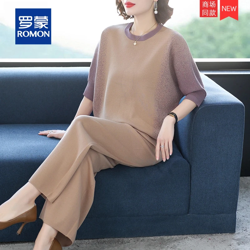 罗蒙妈妈装春季针织两件套新款中年高档上衣中老年女时尚宽松套装