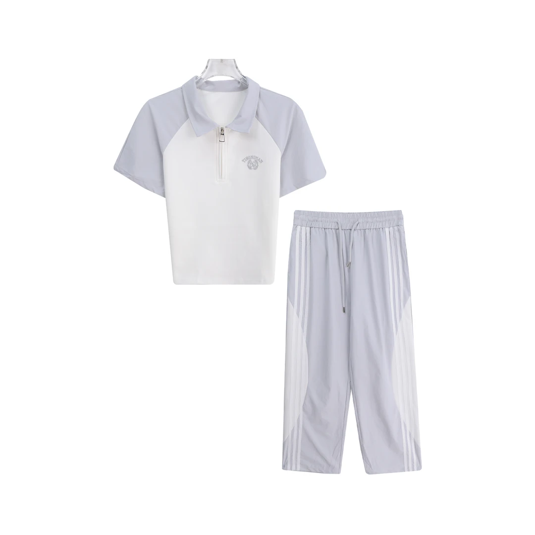 S韩版休闲减龄显瘦撞色短袖侧拉条阔腿裤两件套A14544